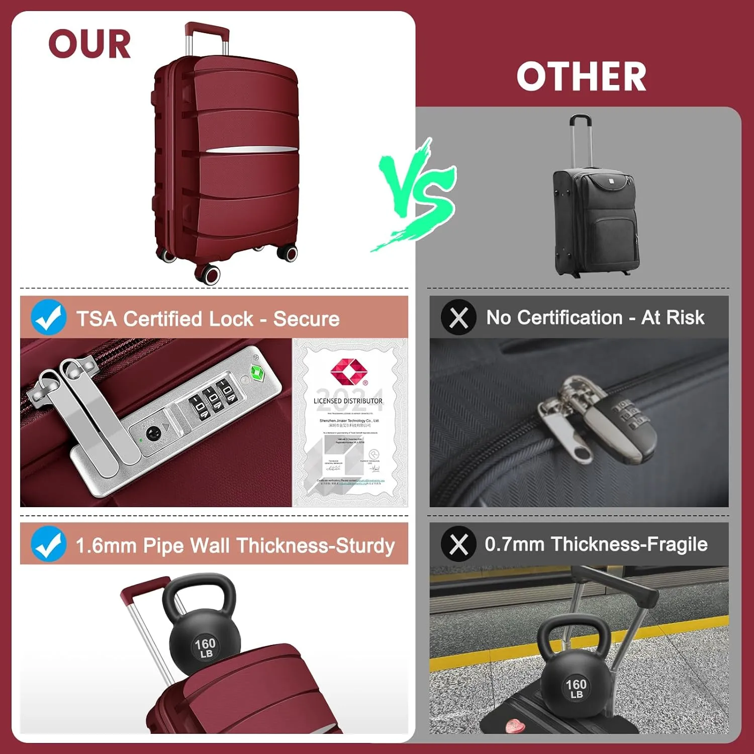 20 Inch Carry-On Luggage 22x14x9 Airline Approved, PP Suitcase with Spinner Wheels