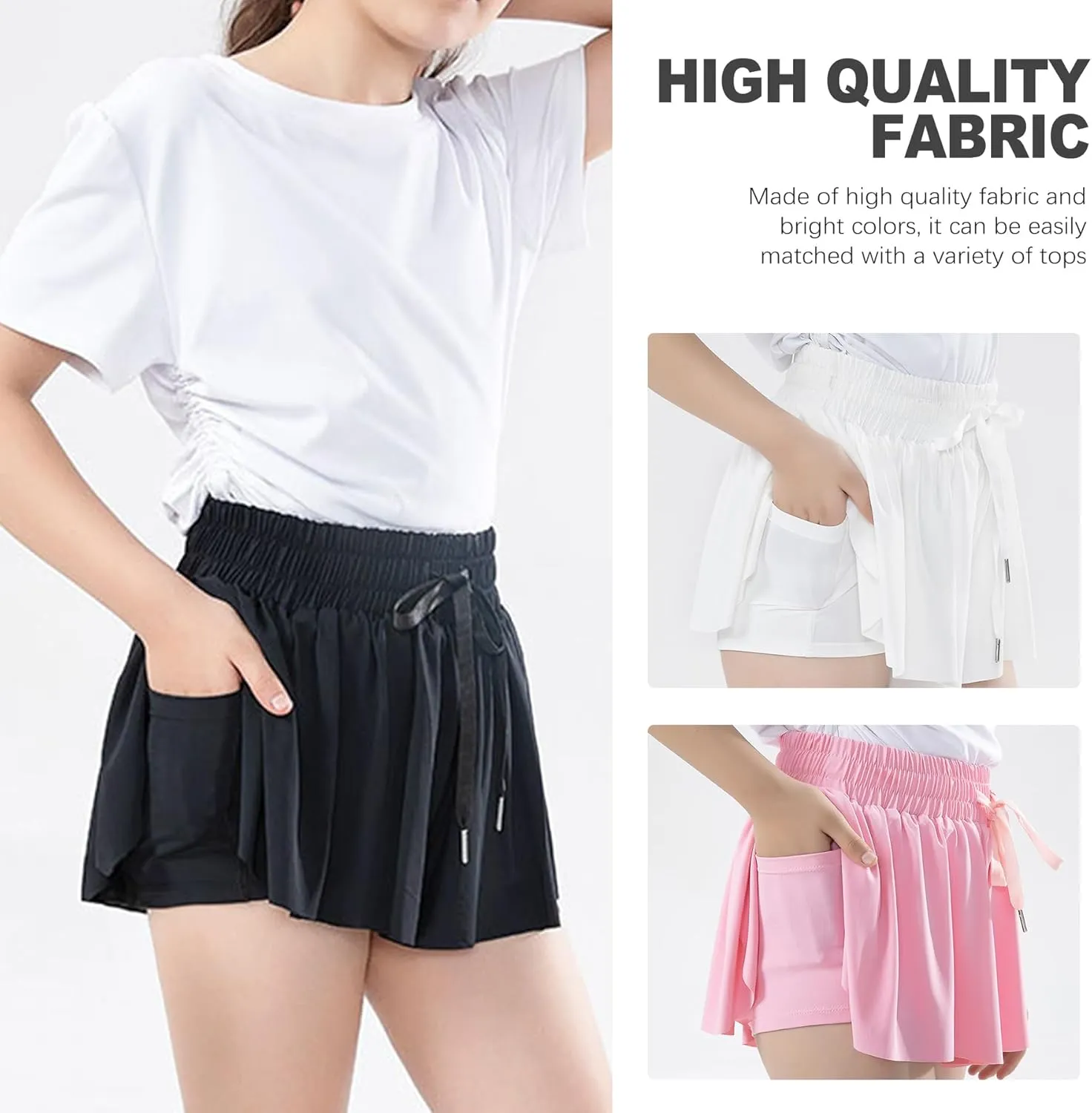 3 Packs Girls Athletic Shorts with Elastane Liner, Sports Running Fitness, 2-in-1 Butterfly Skirts with Pocket
