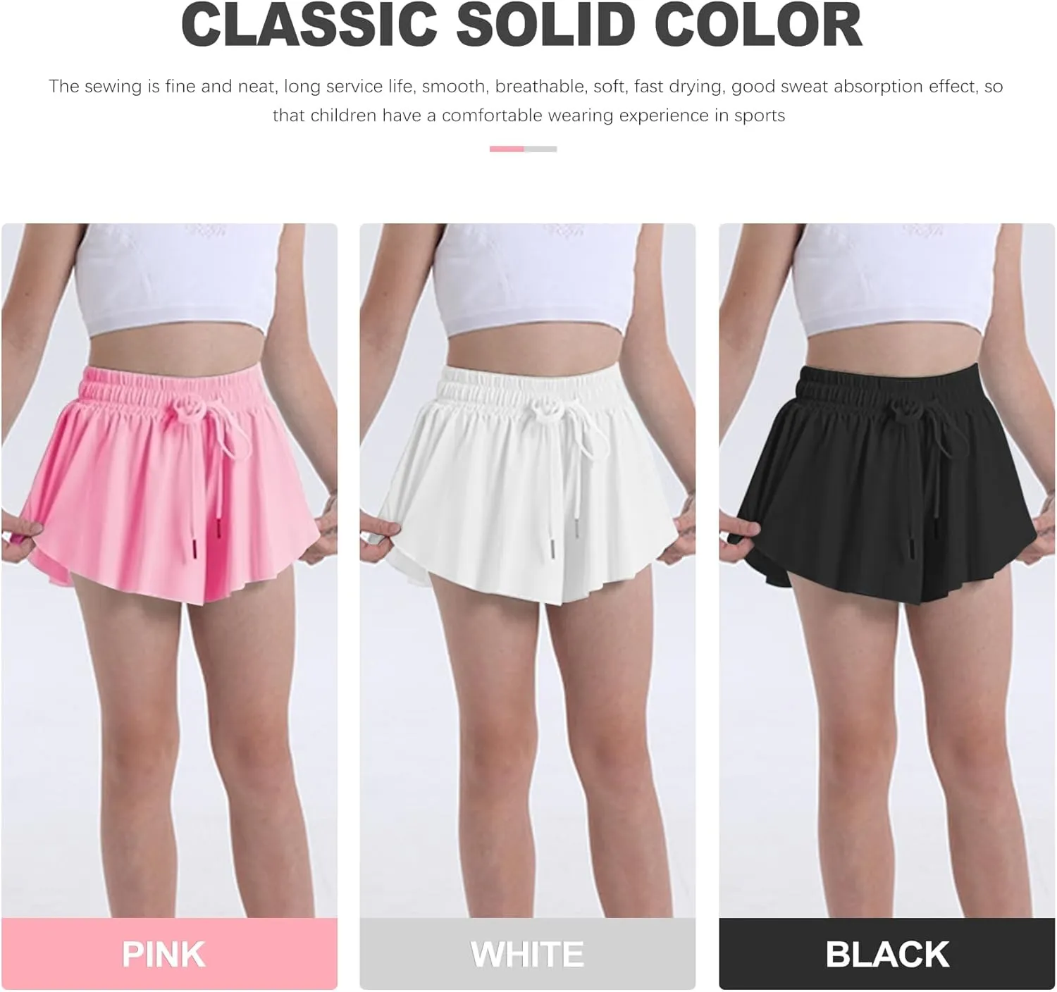 3 Packs Girls Athletic Shorts with Elastane Liner, Sports Running Fitness, 2-in-1 Butterfly Skirts with Pocket