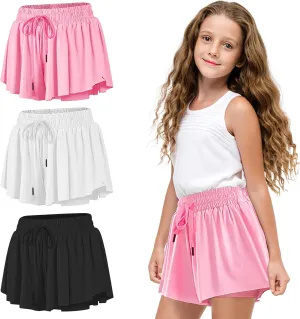 3 Packs Girls Athletic Shorts with Elastane Liner, Sports Running Fitness, 2-in-1 Butterfly Skirts with Pocket