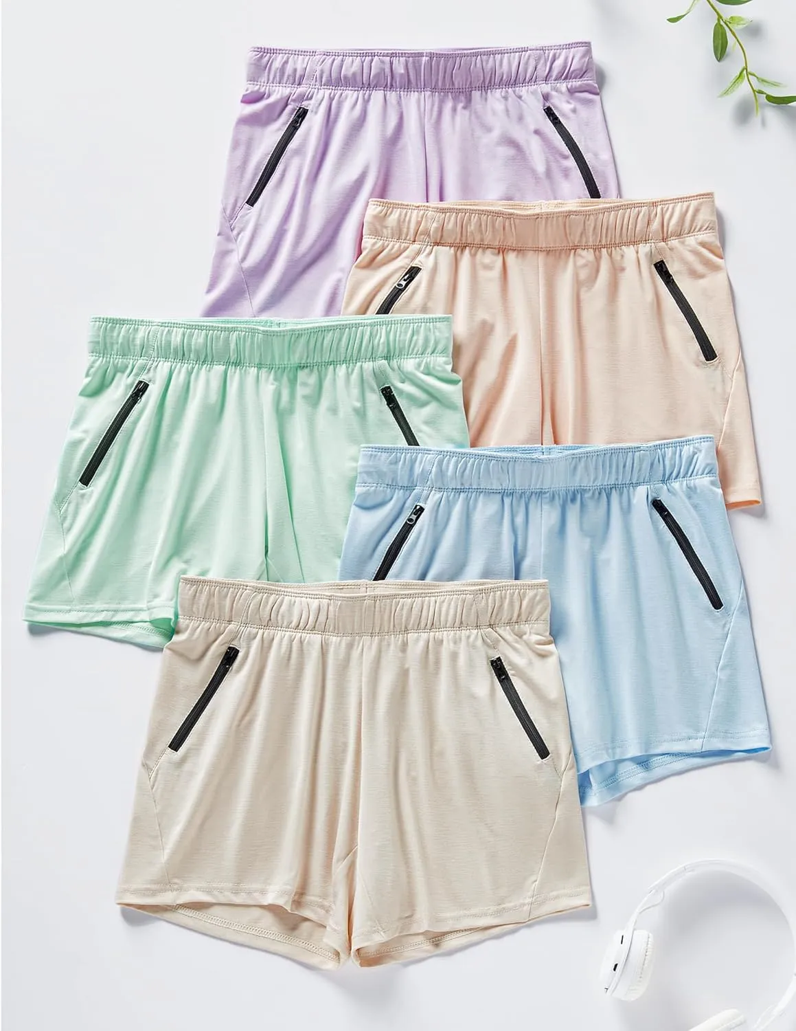 5 Pack: Womens Workout Gym Shorts Casual Lounge Set, Ladies Active Athletic Apparel with Zipper Pockets