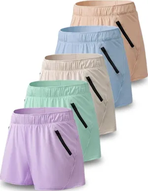 5 Pack: Womens Workout Gym Shorts Casual Lounge Set, Ladies Active Athletic Apparel with Zipper Pockets