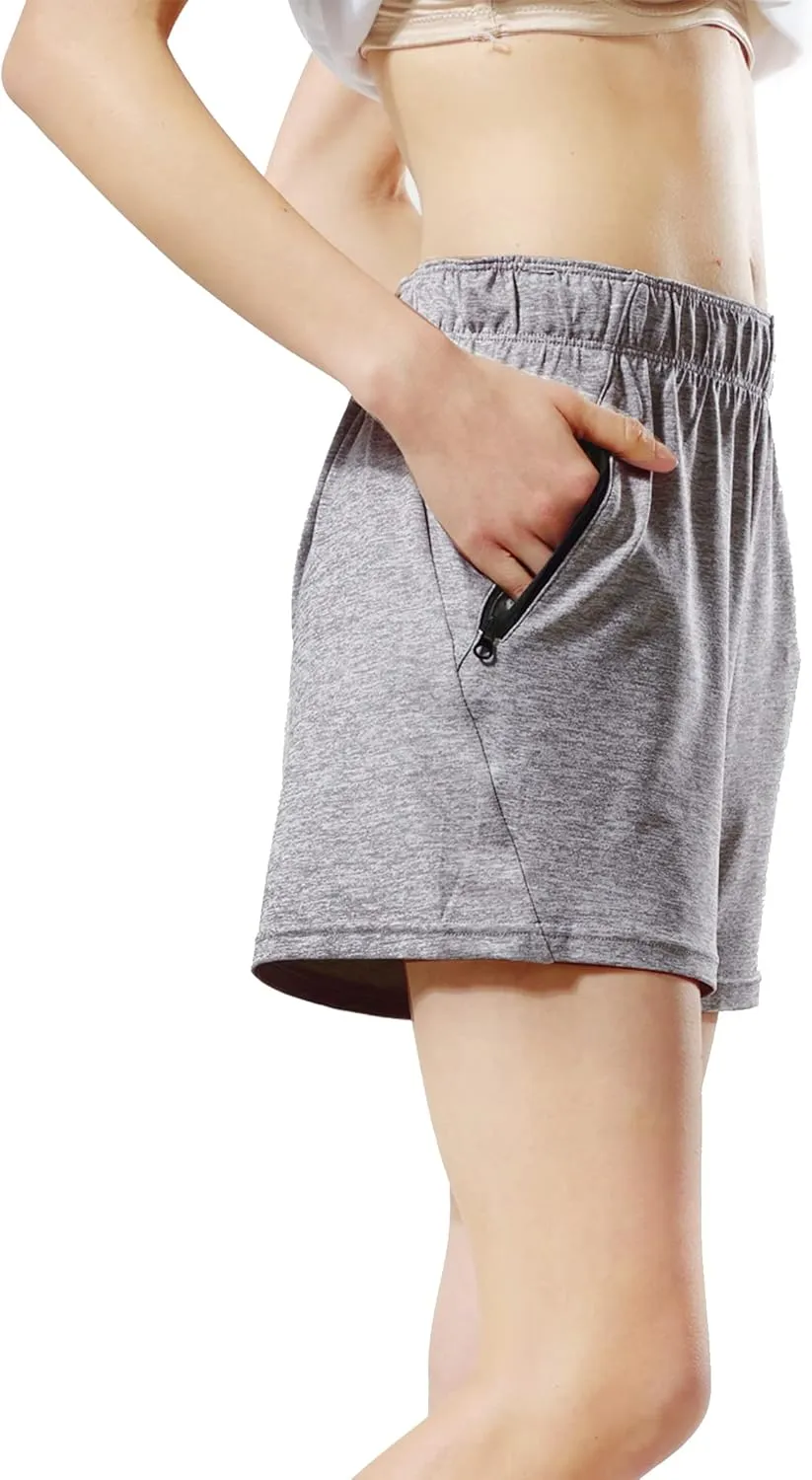 5 Pack: Womens Workout Gym Shorts Casual Lounge Set, Ladies Active Athletic Apparel with Zipper Pockets