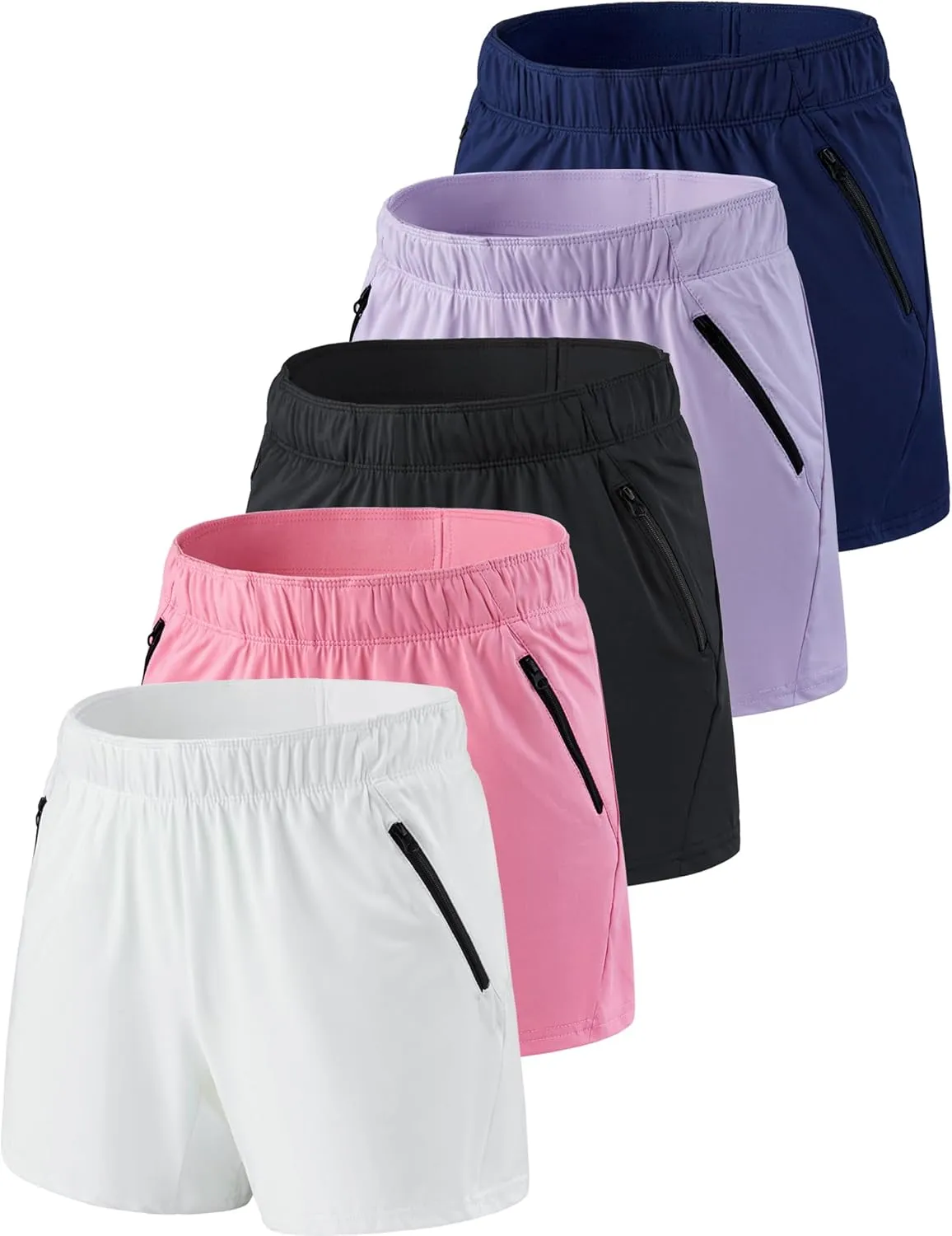 5 Pack: Womens Workout Gym Shorts Casual Lounge Set, Ladies Active Athletic Apparel with Zipper Pockets