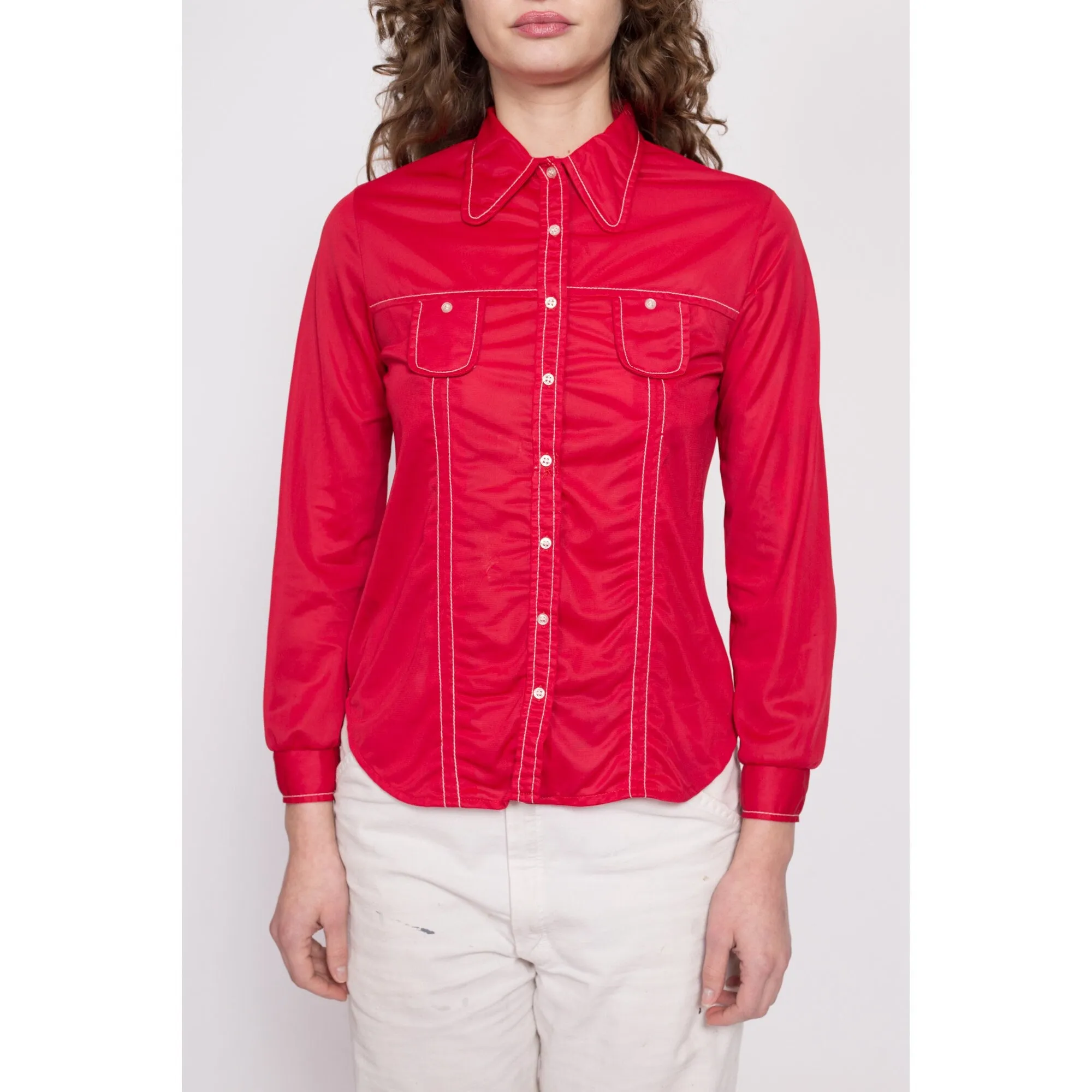 70s Mod Red Button Up Top - Extra Small