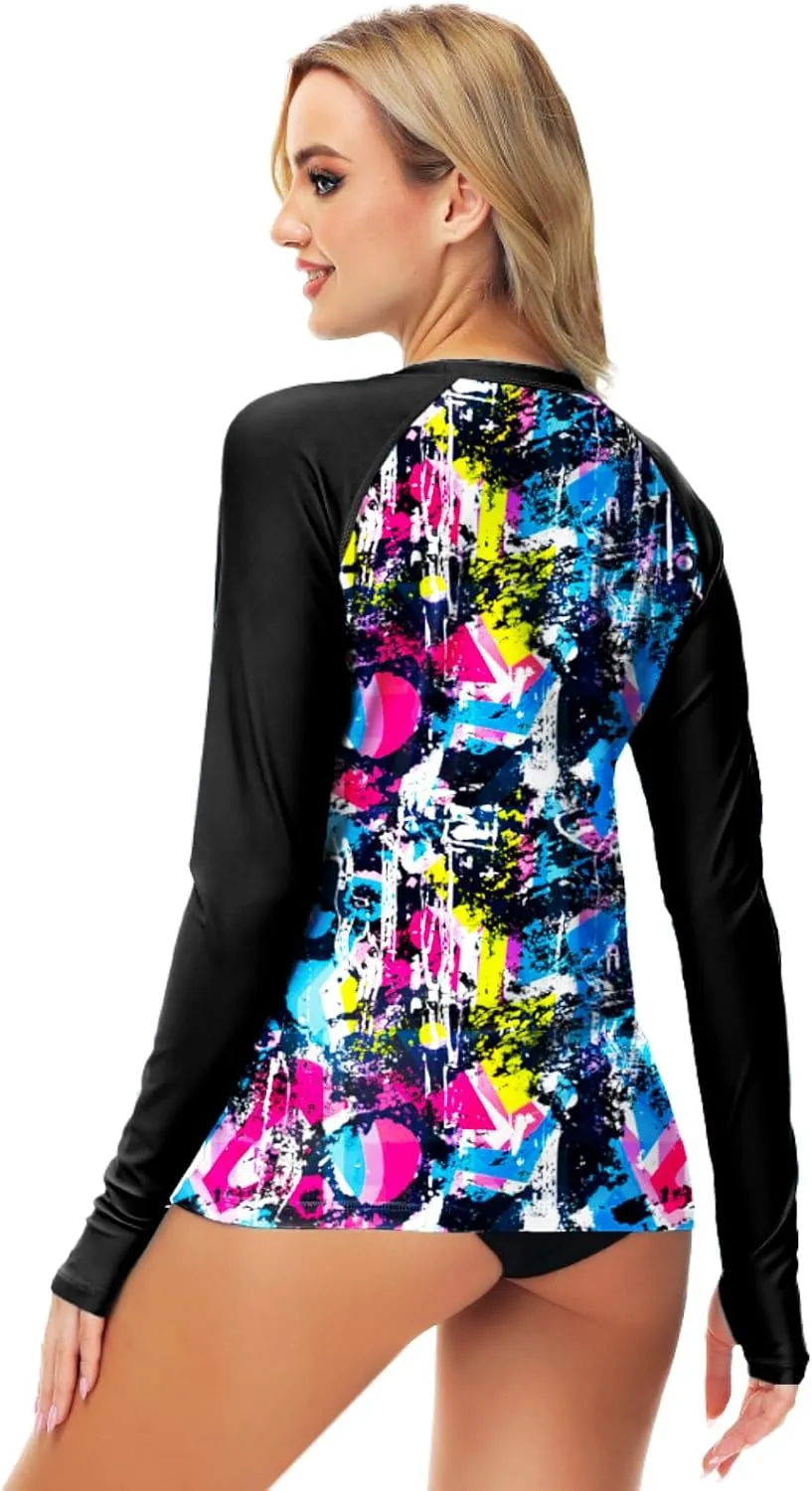 AOBUTE Women Zipper Rash Guard SPF 50  Swim Shirt Zip Up Surfing Swimwear Top with Thumb Hole