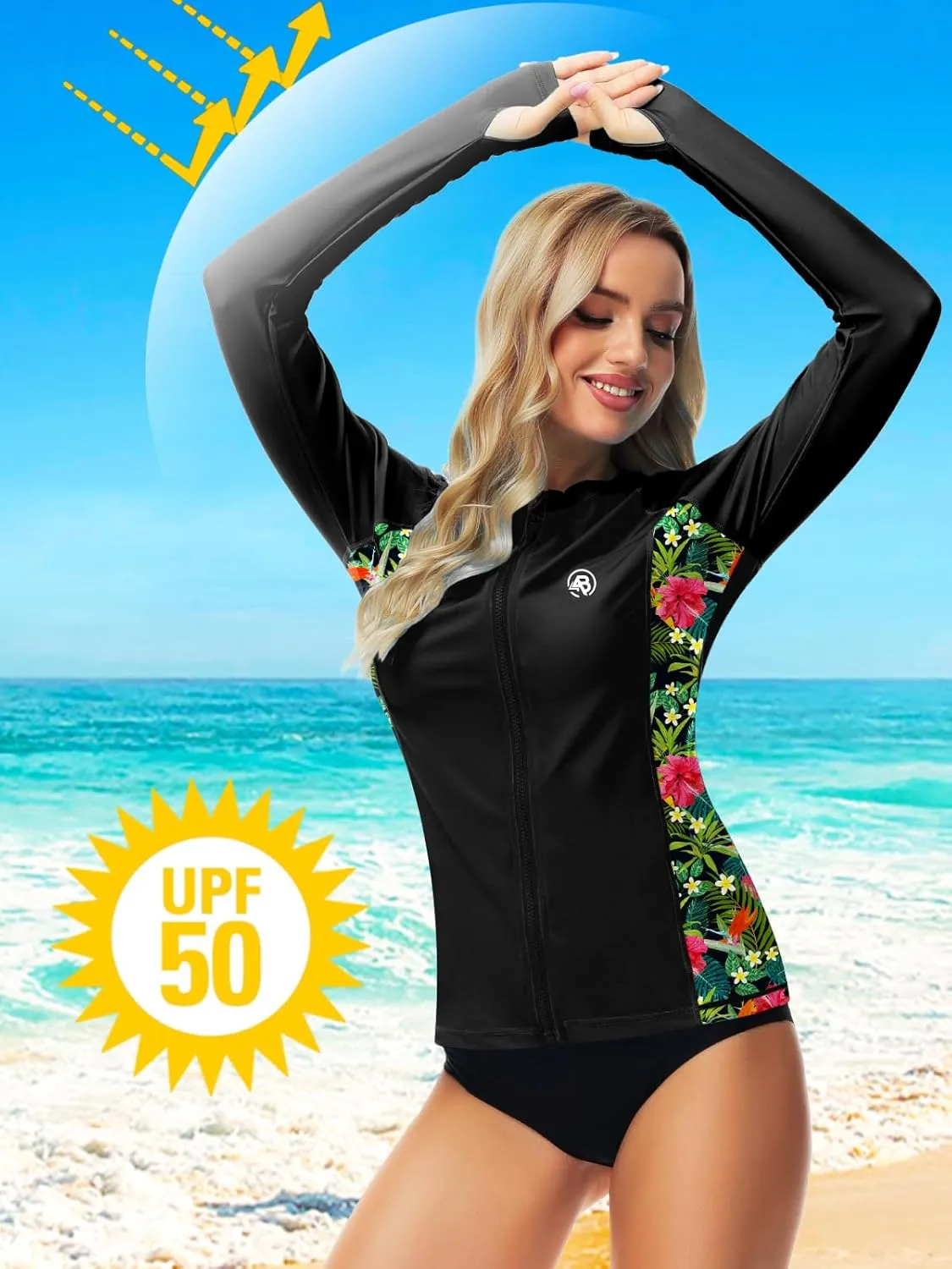 AOBUTE Women Zipper Rash Guard SPF 50  Swim Shirt Zip Up Surfing Swimwear Top with Thumb Hole