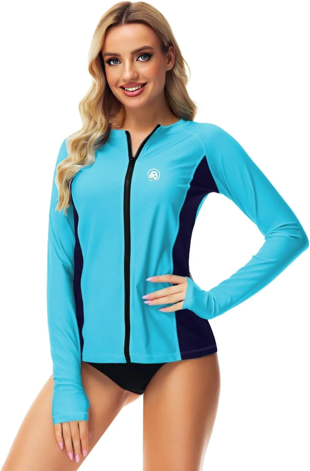 AOBUTE Women Zipper Rash Guard SPF 50  Swim Shirt Zip Up Surfing Swimwear Top with Thumb Hole