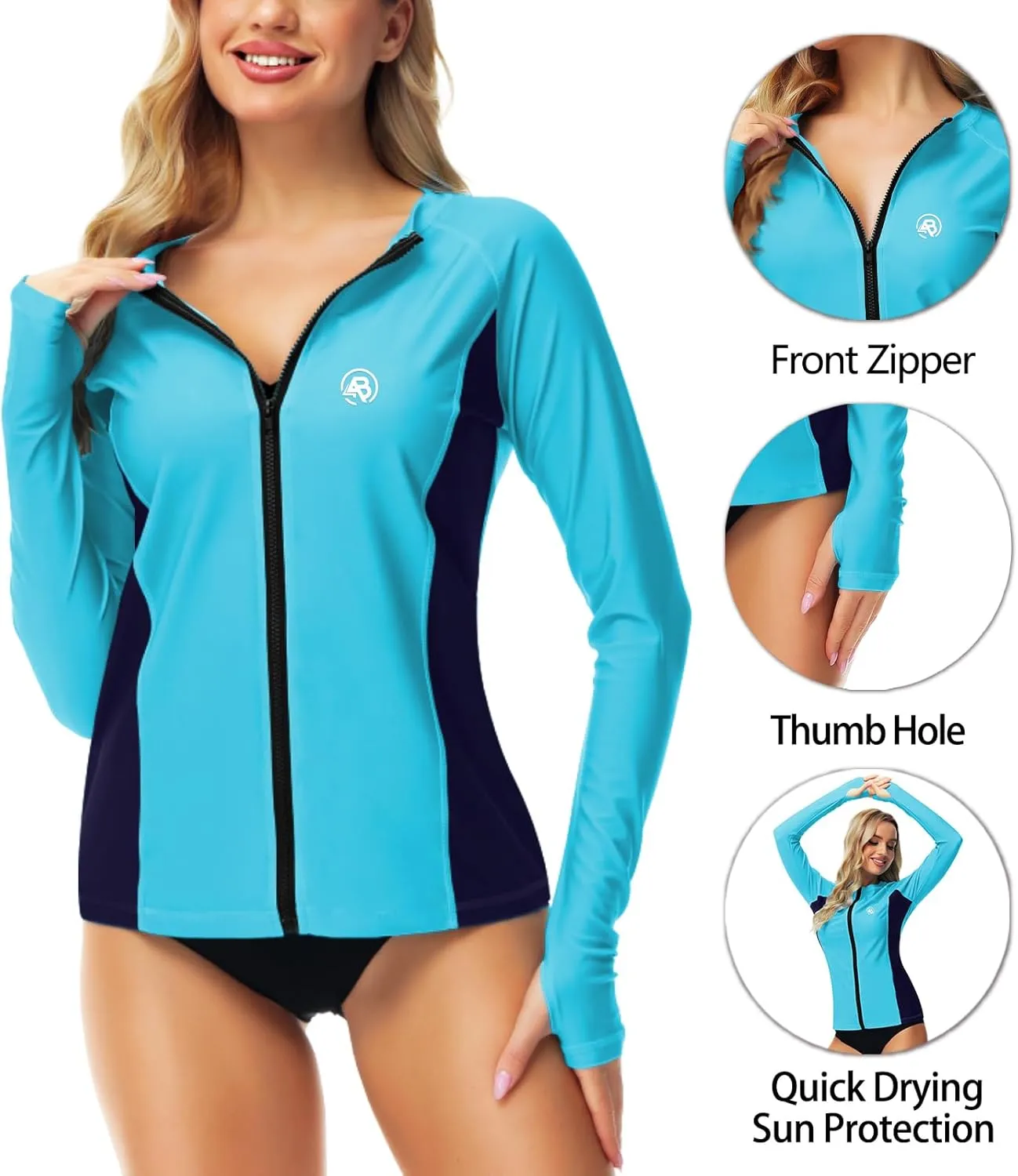 AOBUTE Women Zipper Rash Guard SPF 50  Swim Shirt Zip Up Surfing Swimwear Top with Thumb Hole