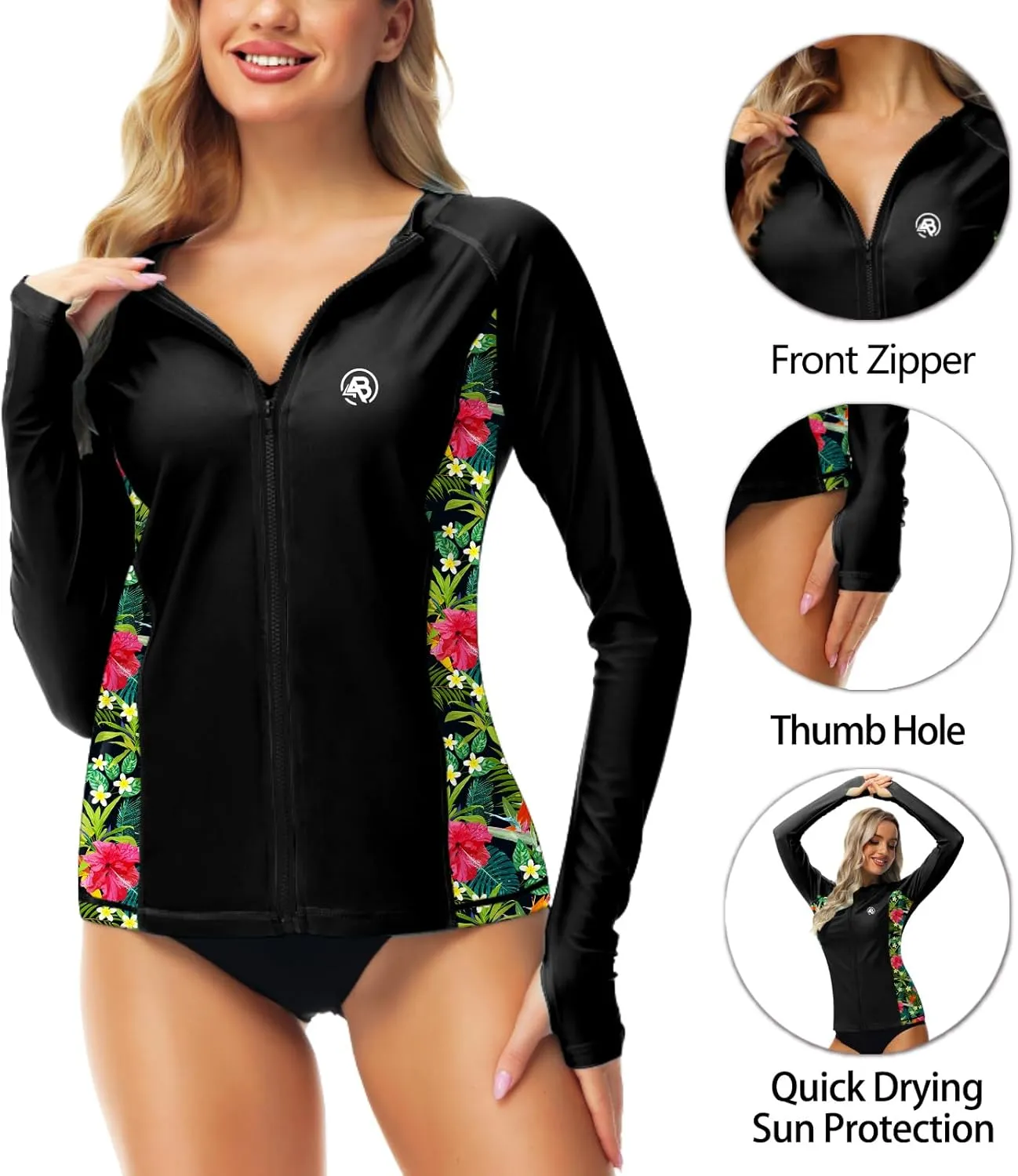 AOBUTE Women Zipper Rash Guard SPF 50  Swim Shirt Zip Up Surfing Swimwear Top with Thumb Hole
