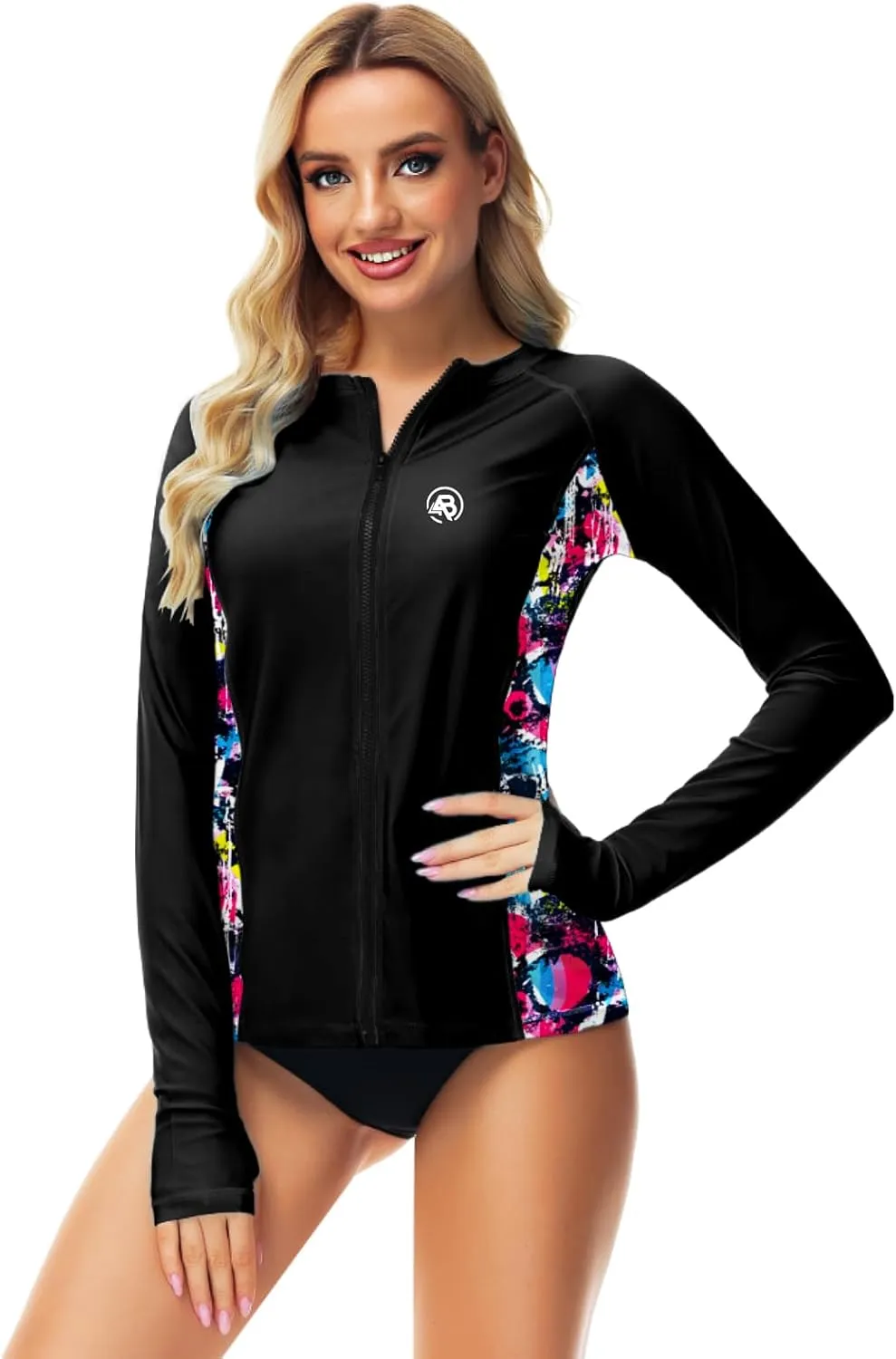AOBUTE Women Zipper Rash Guard SPF 50  Swim Shirt Zip Up Surfing Swimwear Top with Thumb Hole