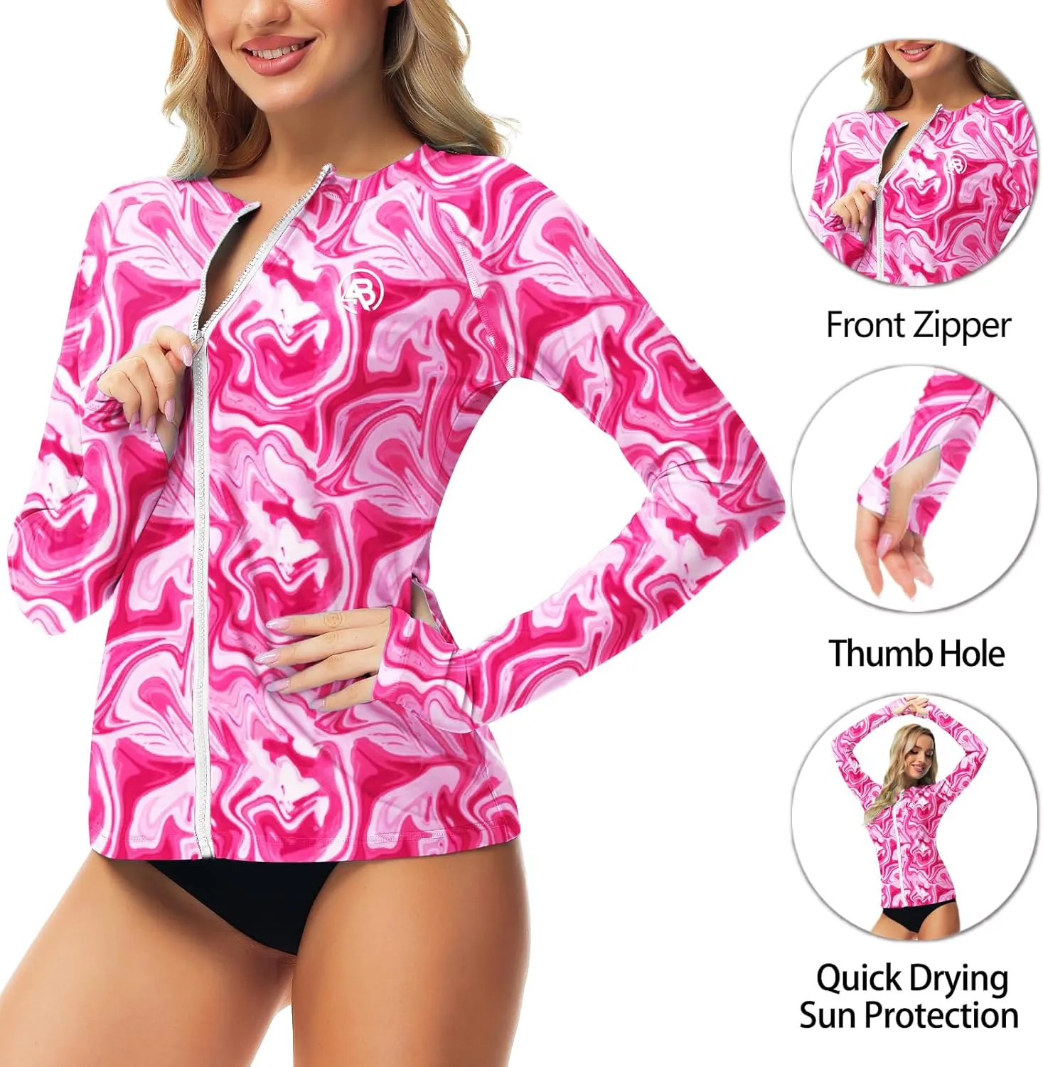 AOBUTE Women Zipper Rash Guard SPF 50  Swim Shirt Zip Up Surfing Swimwear Top with Thumb Hole