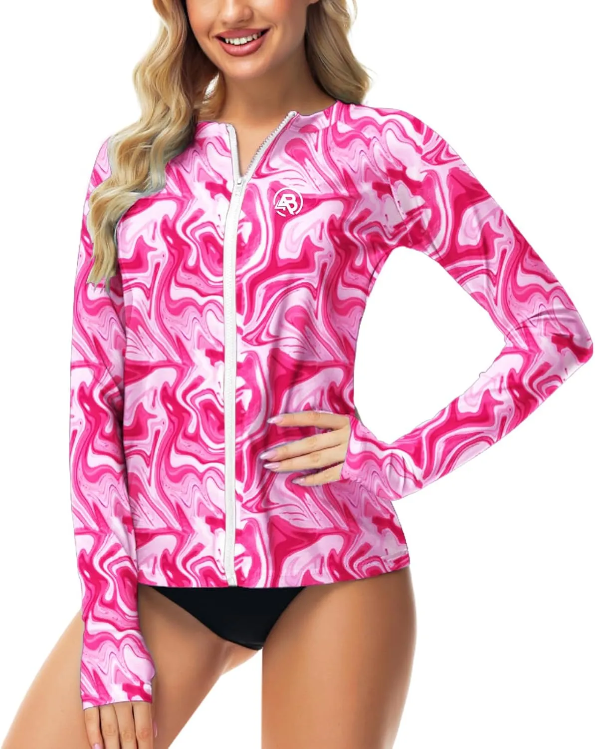 AOBUTE Women Zipper Rash Guard SPF 50  Swim Shirt Zip Up Surfing Swimwear Top with Thumb Hole
