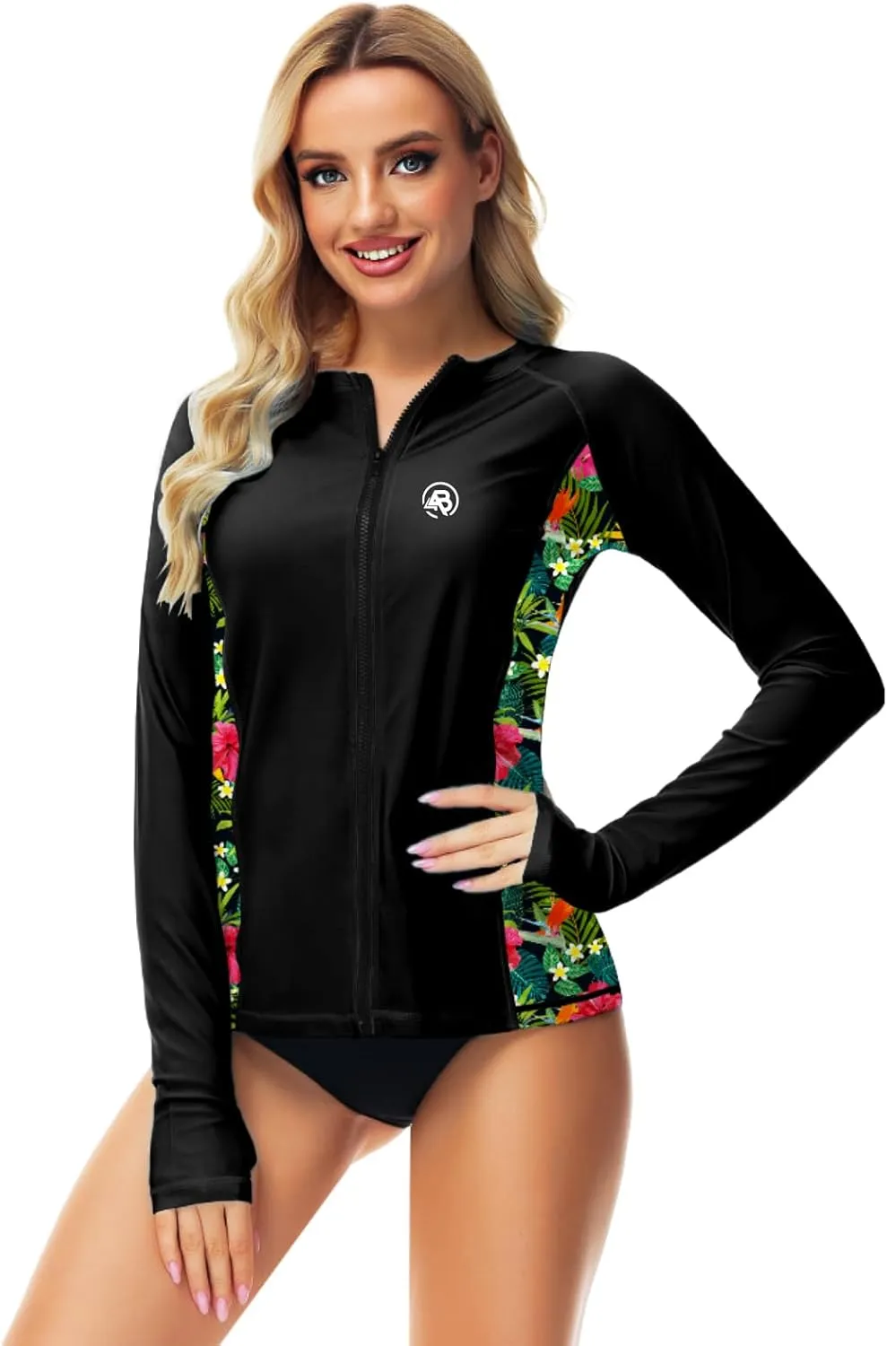 AOBUTE Women Zipper Rash Guard SPF 50  Swim Shirt Zip Up Surfing Swimwear Top with Thumb Hole