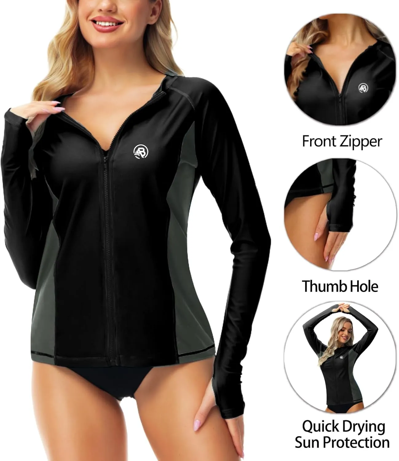 AOBUTE Women Zipper Rash Guard SPF 50  Swim Shirt Zip Up Surfing Swimwear Top with Thumb Hole
