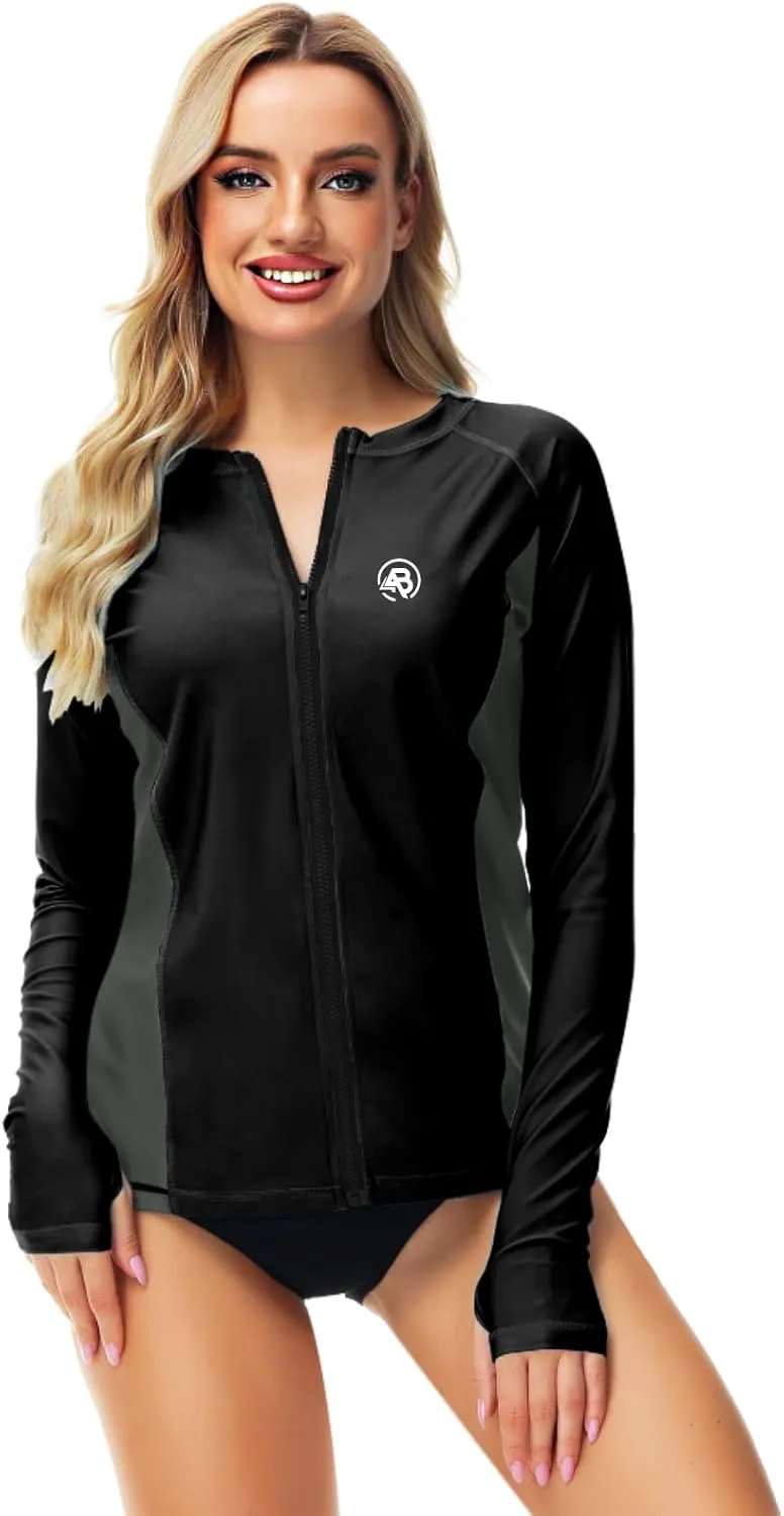 AOBUTE Women Zipper Rash Guard SPF 50  Swim Shirt Zip Up Surfing Swimwear Top with Thumb Hole