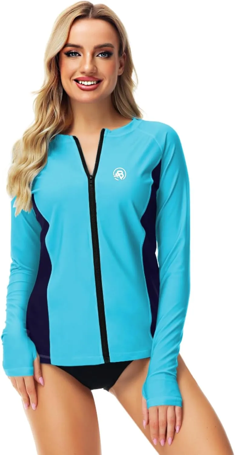 AOBUTE Women Zipper Rash Guard SPF 50  Swim Shirt Zip Up Surfing Swimwear Top with Thumb Hole