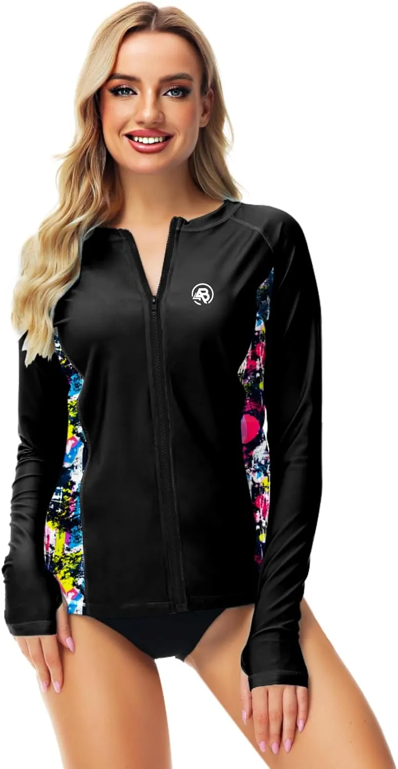 AOBUTE Women Zipper Rash Guard SPF 50  Swim Shirt Zip Up Surfing Swimwear Top with Thumb Hole