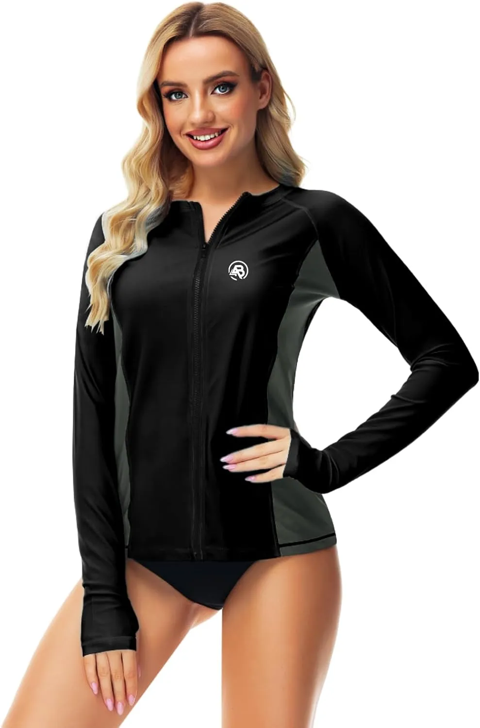 AOBUTE Women Zipper Rash Guard SPF 50  Swim Shirt Zip Up Surfing Swimwear Top with Thumb Hole
