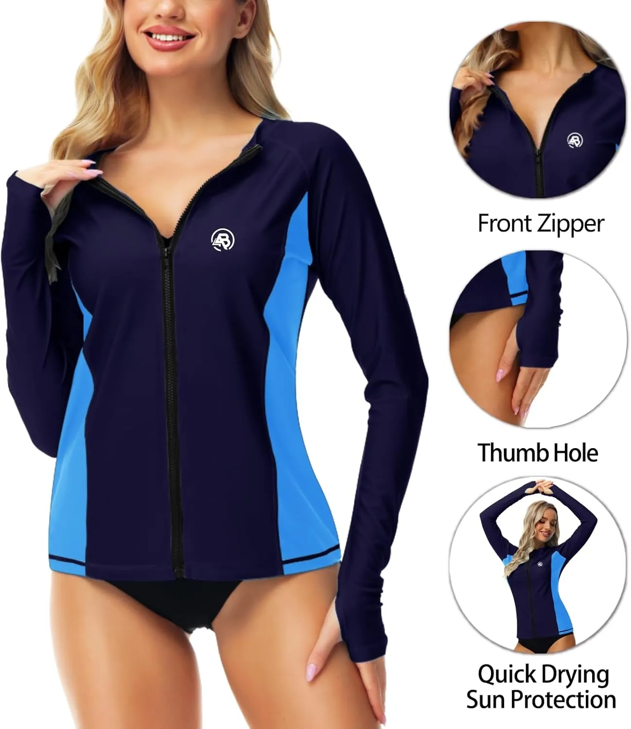 AOBUTE Women Zipper Rash Guard SPF 50  Swim Shirt Zip Up Surfing Swimwear Top with Thumb Hole