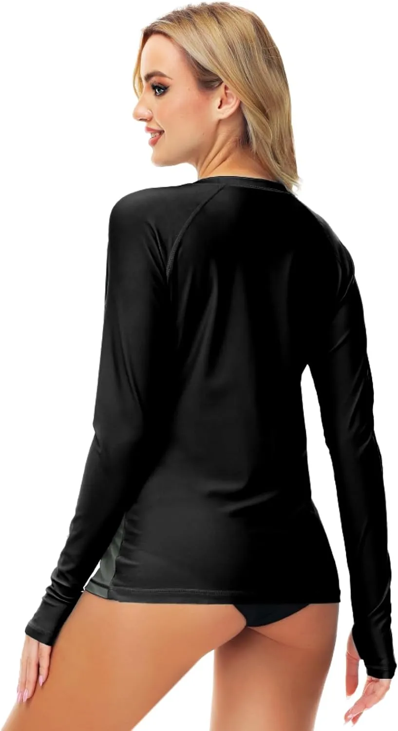 AOBUTE Women Zipper Rash Guard SPF 50  Swim Shirt Zip Up Surfing Swimwear Top with Thumb Hole