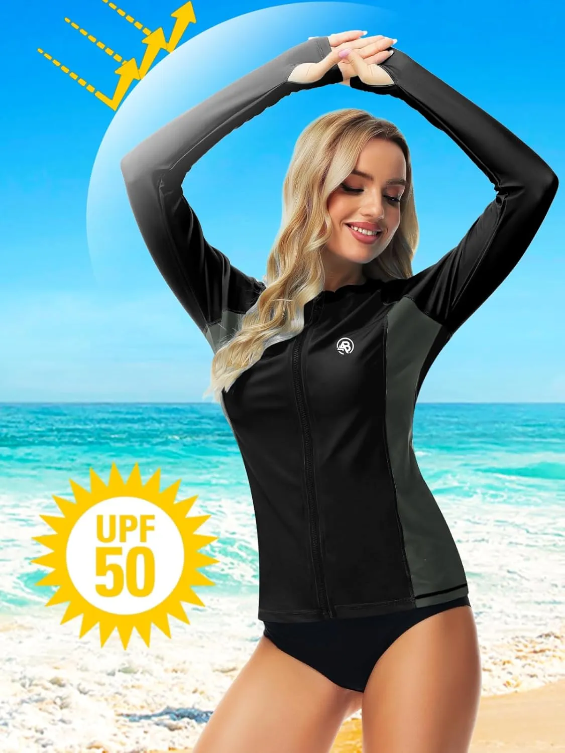 AOBUTE Women Zipper Rash Guard SPF 50  Swim Shirt Zip Up Surfing Swimwear Top with Thumb Hole