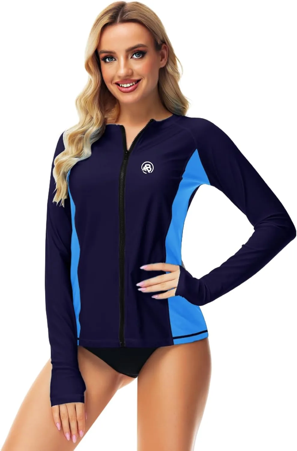 AOBUTE Women Zipper Rash Guard SPF 50  Swim Shirt Zip Up Surfing Swimwear Top with Thumb Hole
