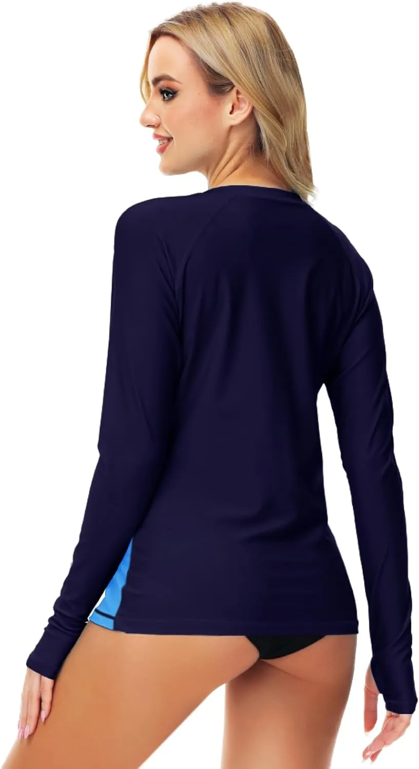 AOBUTE Women Zipper Rash Guard SPF 50  Swim Shirt Zip Up Surfing Swimwear Top with Thumb Hole