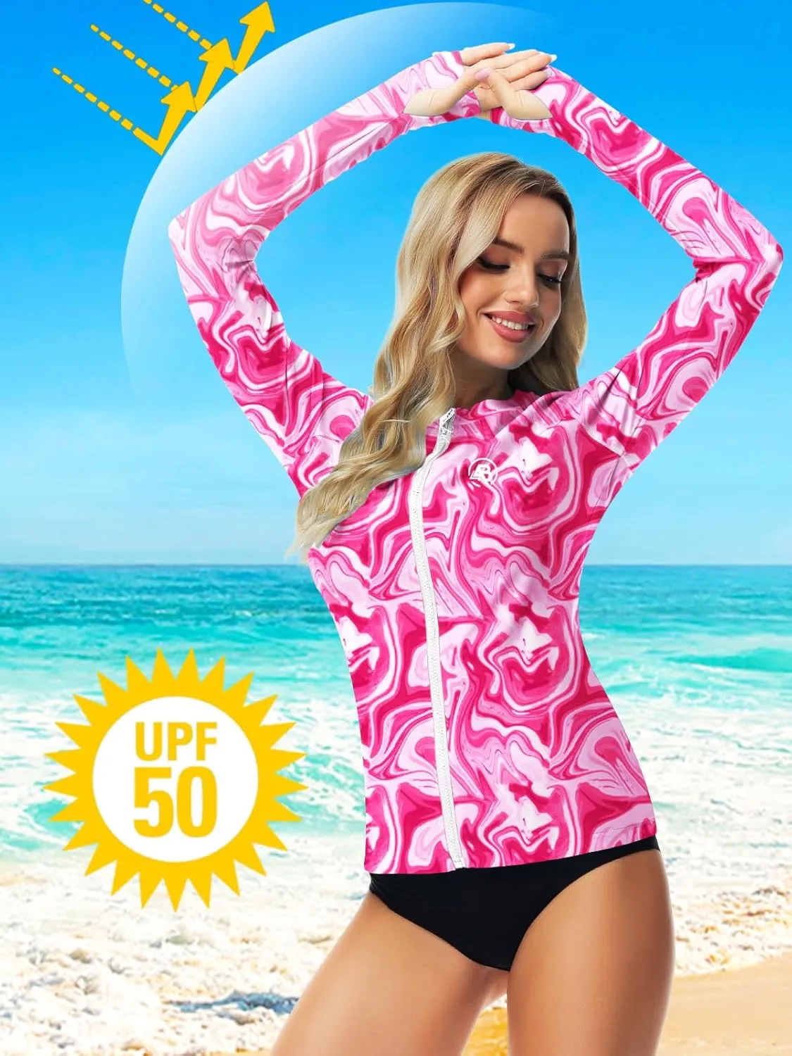 AOBUTE Women Zipper Rash Guard SPF 50  Swim Shirt Zip Up Surfing Swimwear Top with Thumb Hole