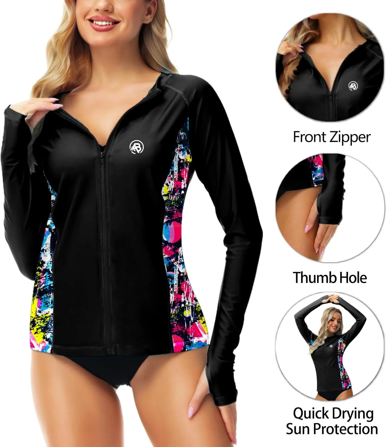 AOBUTE Women Zipper Rash Guard SPF 50  Swim Shirt Zip Up Surfing Swimwear Top with Thumb Hole