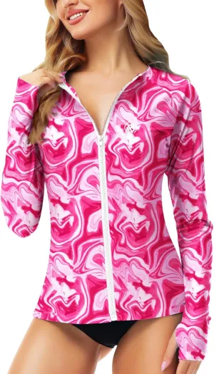 AOBUTE Women Zipper Rash Guard SPF 50  Swim Shirt Zip Up Surfing Swimwear Top with Thumb Hole