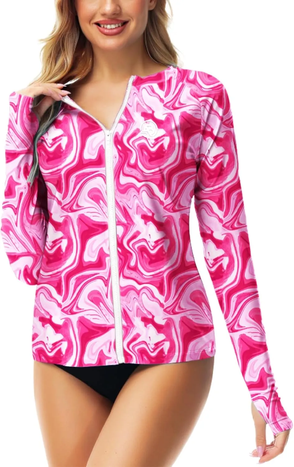 AOBUTE Women Zipper Rash Guard SPF 50  Swim Shirt Zip Up Surfing Swimwear Top with Thumb Hole