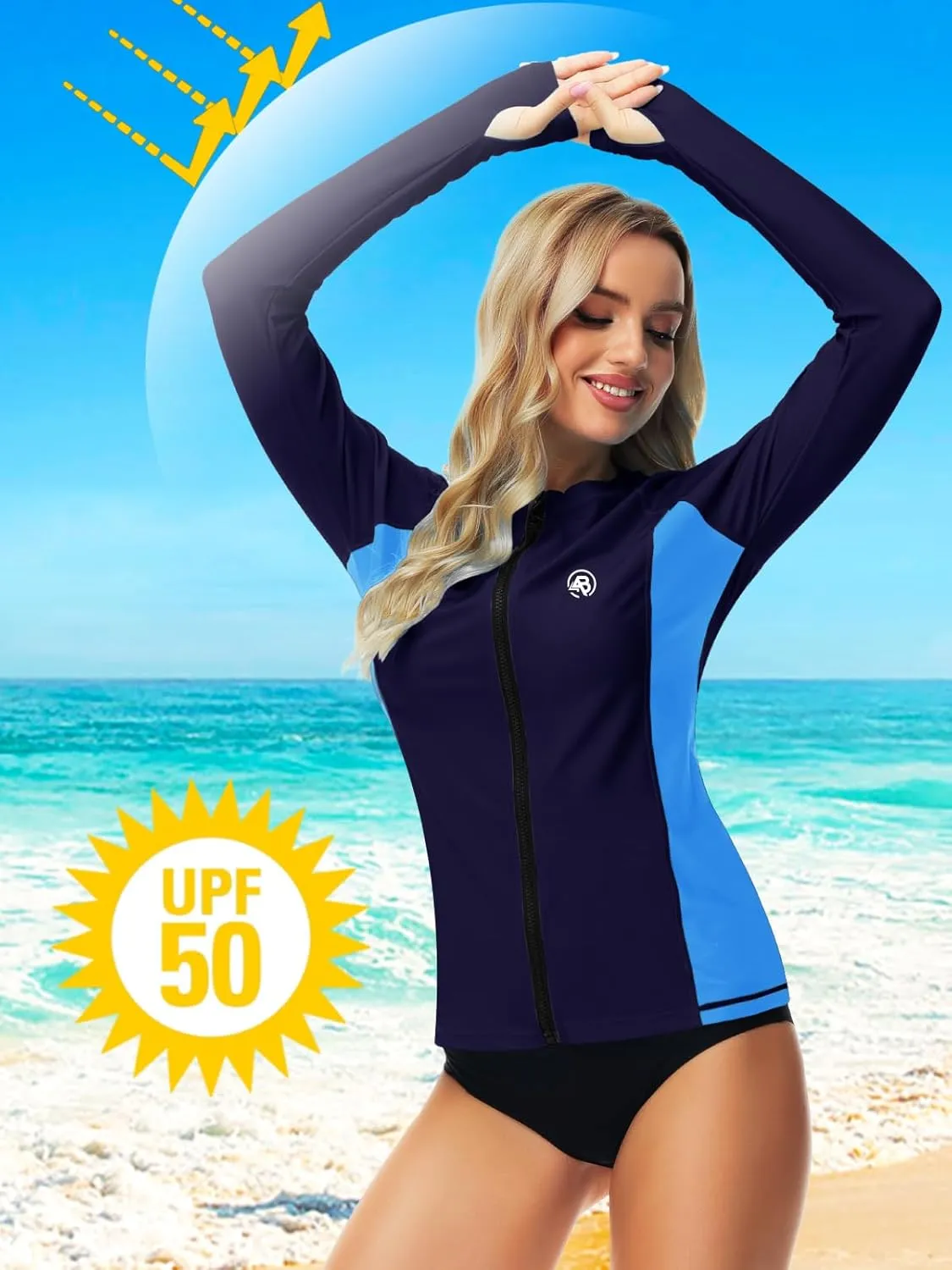 AOBUTE Women Zipper Rash Guard SPF 50  Swim Shirt Zip Up Surfing Swimwear Top with Thumb Hole