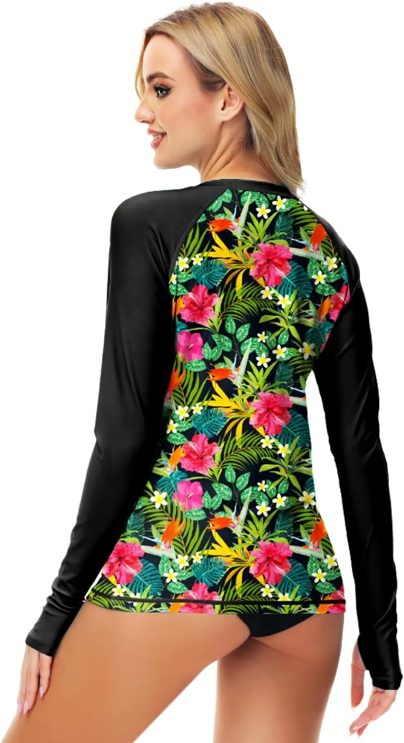 AOBUTE Women Zipper Rash Guard SPF 50  Swim Shirt Zip Up Surfing Swimwear Top with Thumb Hole