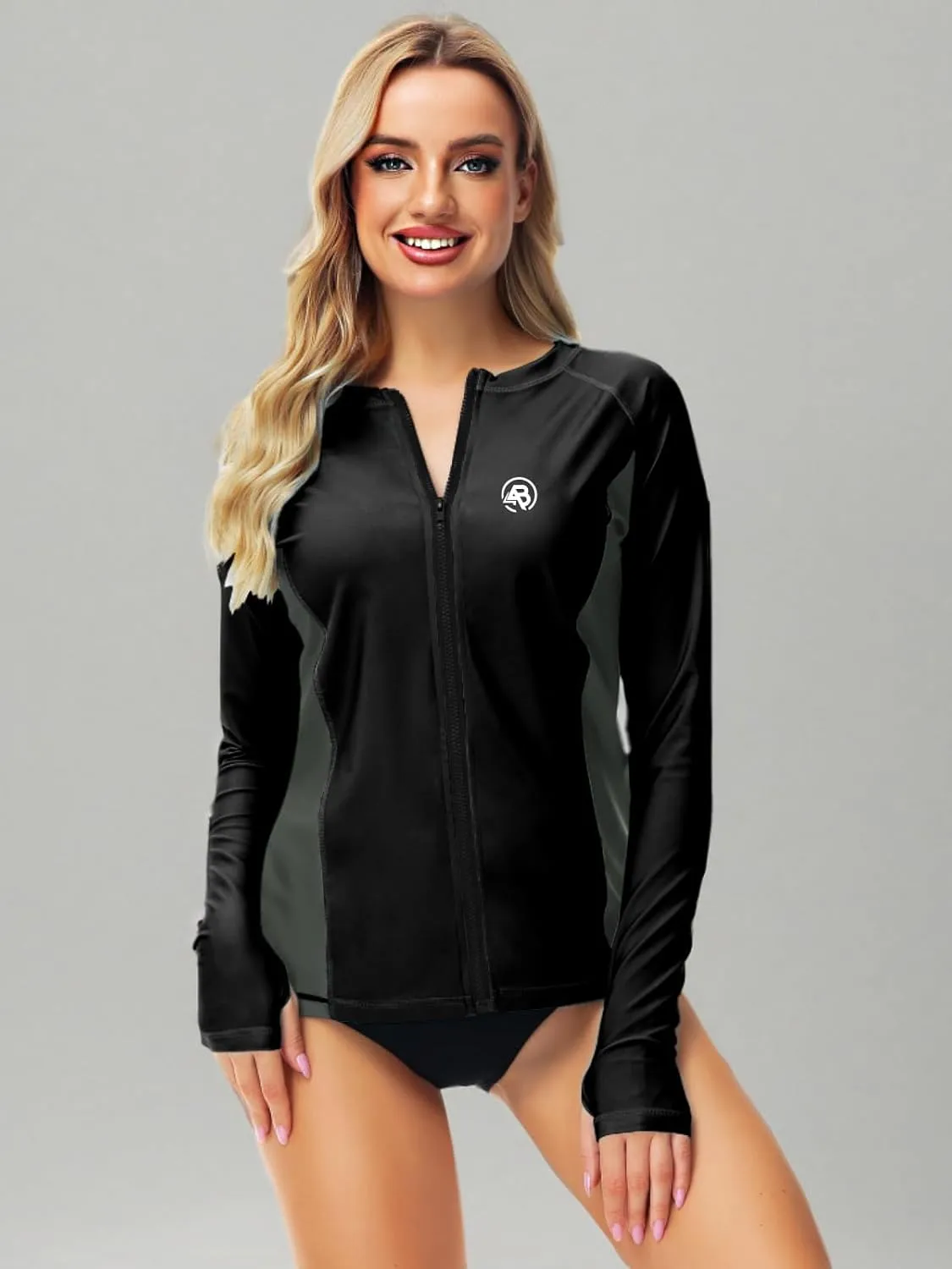 AOBUTE Women Zipper Rash Guard SPF 50  Swim Shirt Zip Up Surfing Swimwear Top with Thumb Hole