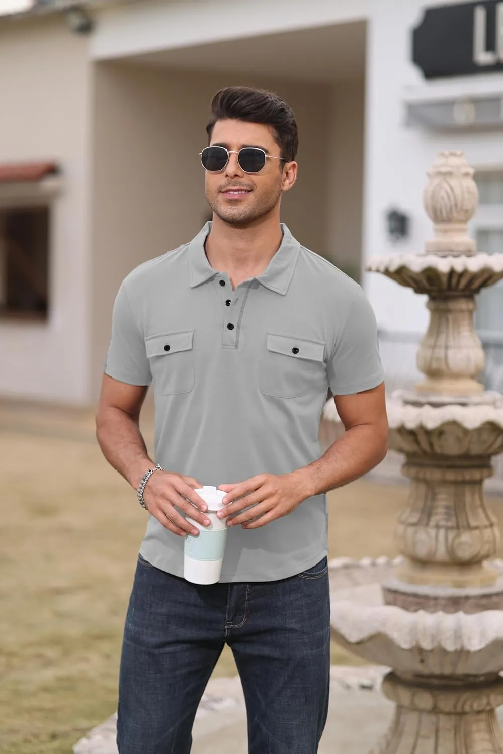 Aulemen Men's Polo Shirts Short Sleeve Casual Slim Fit Button Basic Golf Shirt Moisture Wicking Top with Pocket