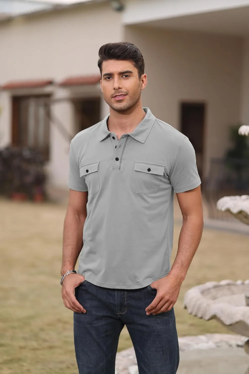 Aulemen Men's Polo Shirts Short Sleeve Casual Slim Fit Button Basic Golf Shirt Moisture Wicking Top with Pocket