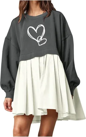 Autumn Dresses for Women 2024 Causal Long Sleeve Patchwork Crewneck Sweatshirt Dress Heart Print Graphic Tee Shirts