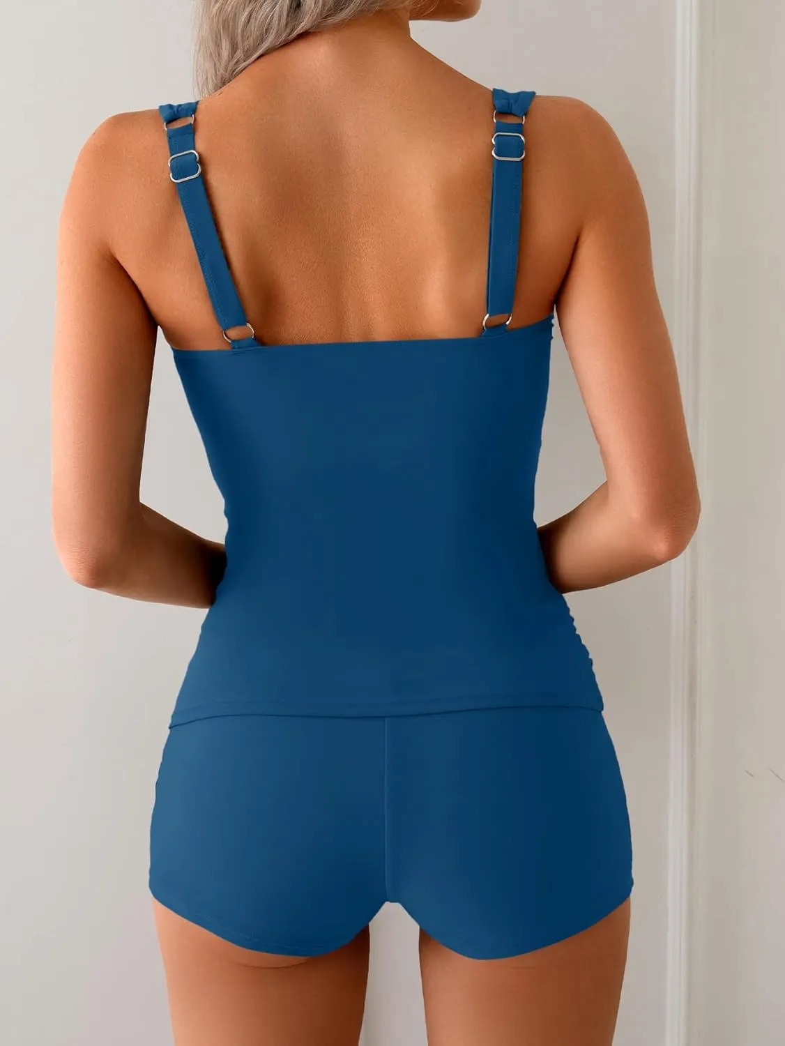 B2prity Women's Tankini Swimsuit Tummy Control Ruched Two Piece Bathing Suit Push Up Modest Swim Suits with Shorts