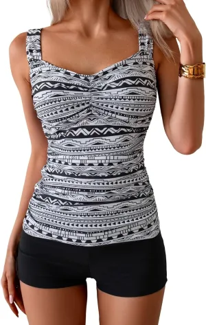 B2prity Women's Tankini Swimsuit Tummy Control Ruched Two Piece Bathing Suit Push Up Modest Swim Suits with Shorts