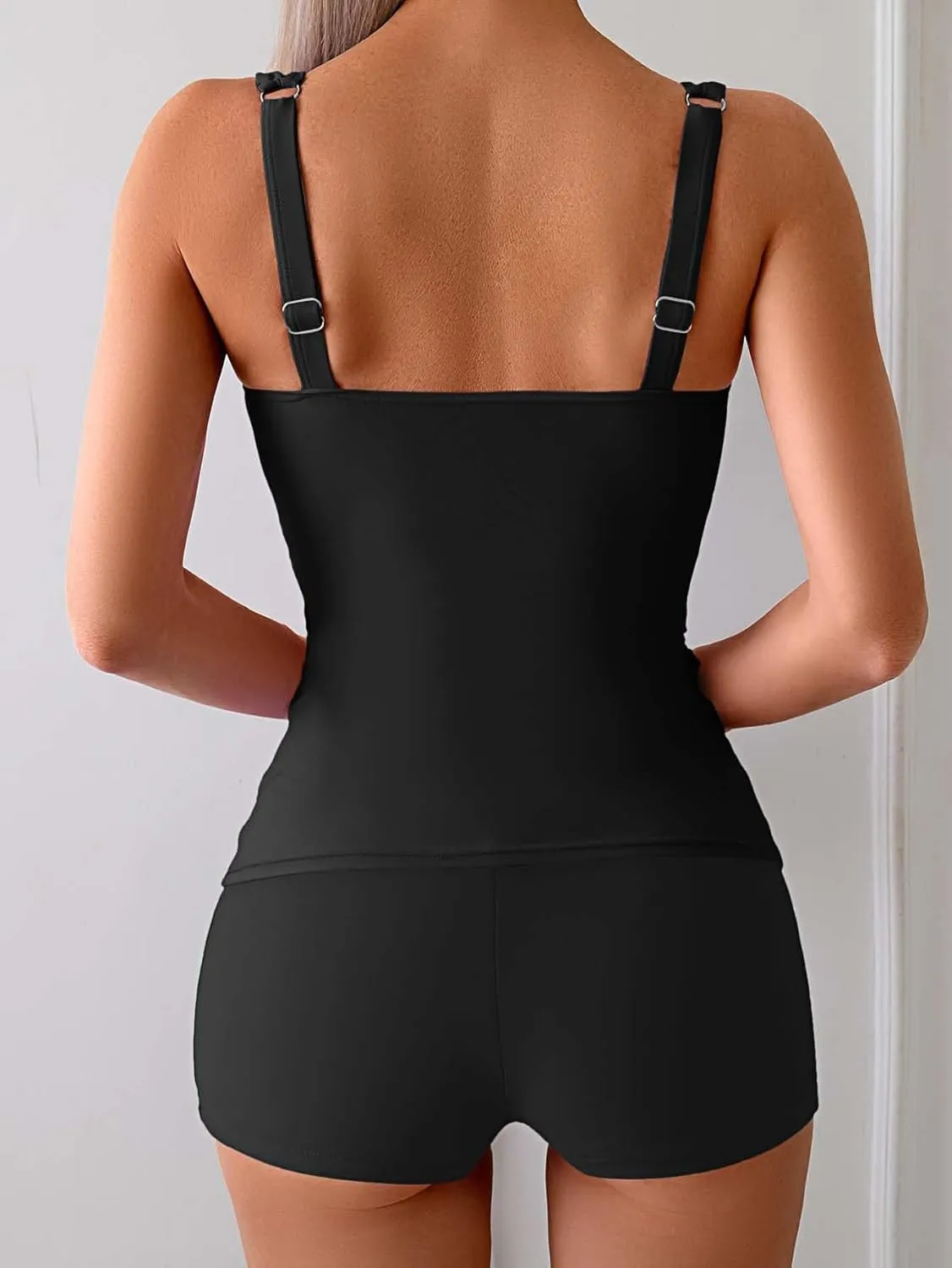 B2prity Women's Tankini Swimsuit Tummy Control Ruched Two Piece Bathing Suit Push Up Modest Swim Suits with Shorts