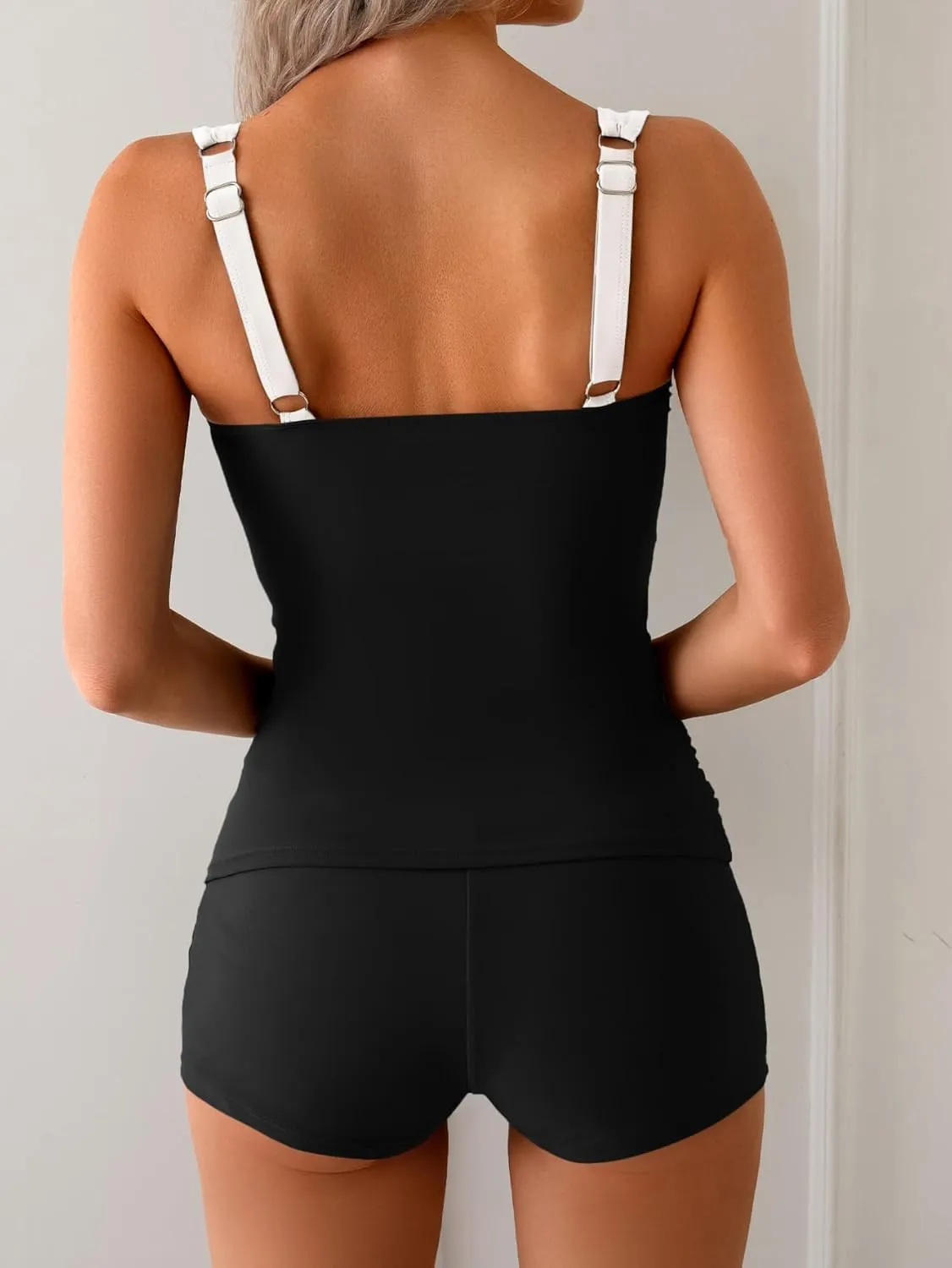 B2prity Women's Tankini Swimsuit Tummy Control Ruched Two Piece Bathing Suit Push Up Modest Swim Suits with Shorts