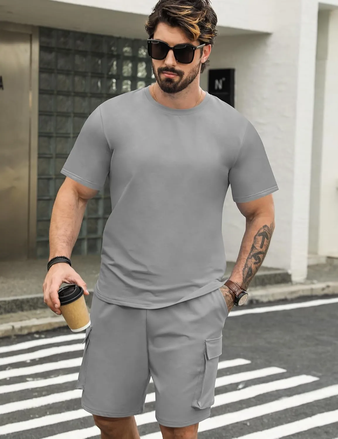 Babioboa Men's Short Sets 2 Piece Outfits Short Sleeve Crewneck Summer T Shirt and Drawstring Casual Track Shorts Set