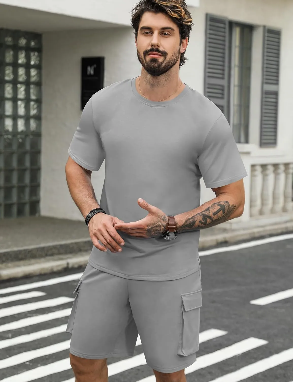 Babioboa Men's Short Sets 2 Piece Outfits Short Sleeve Crewneck Summer T Shirt and Drawstring Casual Track Shorts Set