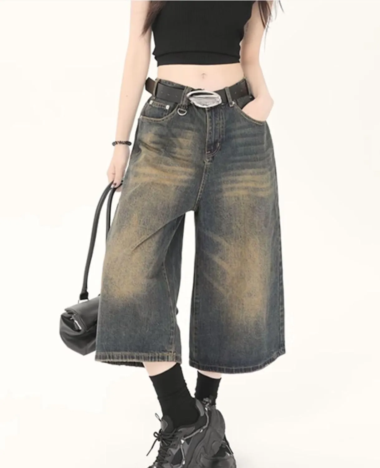 Baggy Wide Leg Cropped Jeans for Women Men Low Waist Jorts Y2k Casual Denim Pants Grunge Summer Clothes.