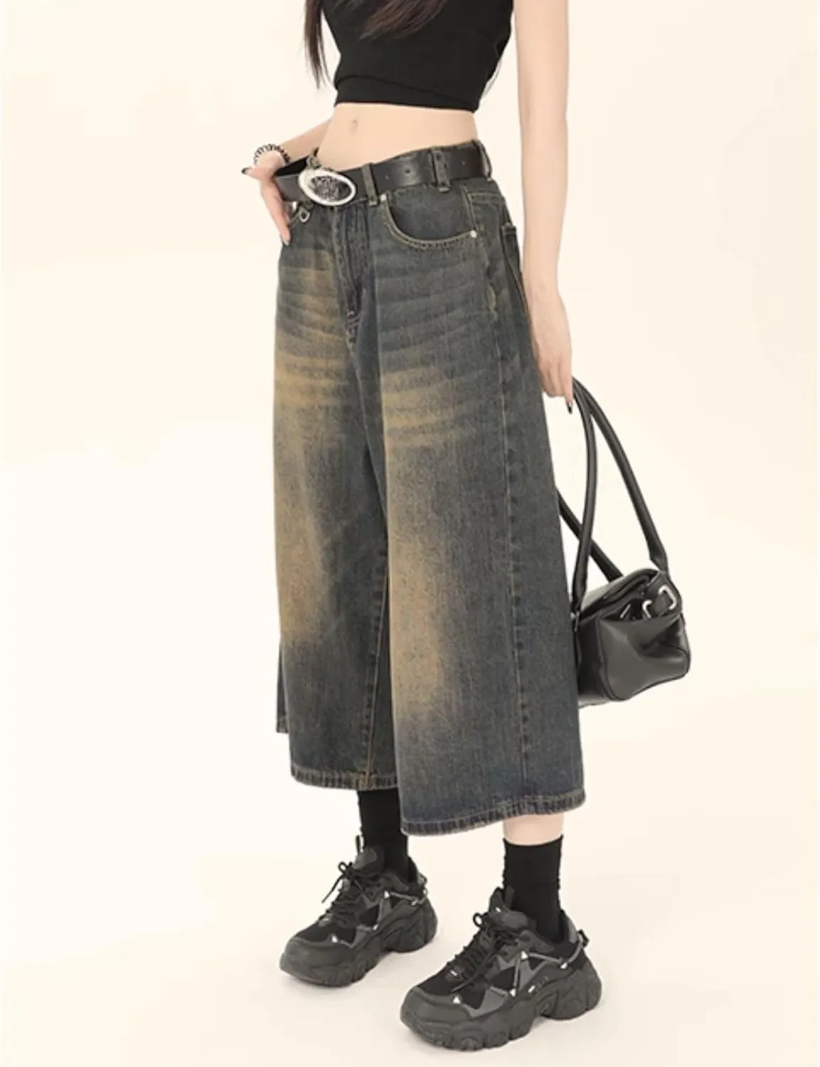 Baggy Wide Leg Cropped Jeans for Women Men Low Waist Jorts Y2k Casual Denim Pants Grunge Summer Clothes.
