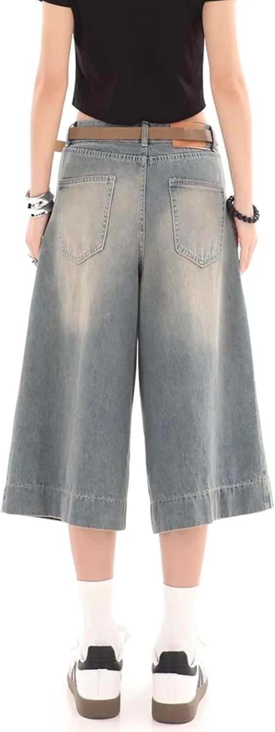Baggy Wide Leg Cropped Jeans for Women Men Low Waist Jorts Y2k Casual Denim Pants Grunge Summer Clothes.