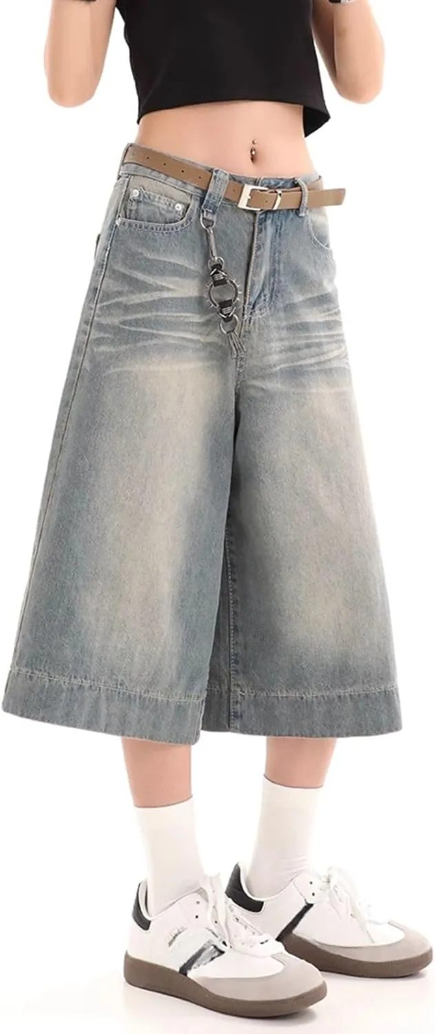 Baggy Wide Leg Cropped Jeans for Women Men Low Waist Jorts Y2k Casual Denim Pants Grunge Summer Clothes.