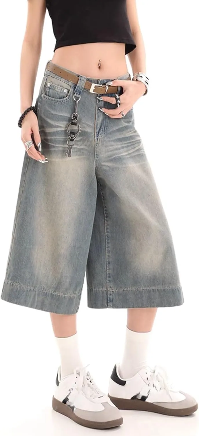 Baggy Wide Leg Cropped Jeans for Women Men Low Waist Jorts Y2k Casual Denim Pants Grunge Summer Clothes.