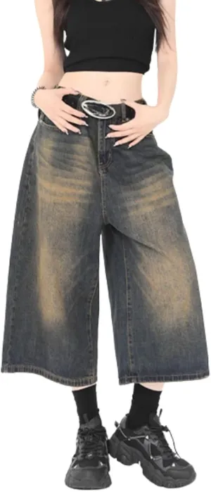 Baggy Wide Leg Cropped Jeans for Women Men Low Waist Jorts Y2k Casual Denim Pants Grunge Summer Clothes.